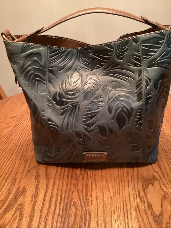Tignanello Handbags - Tignanello Leather Embossed Leaf Tote in Teal with Brown Trim